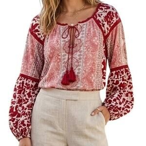 Rachel Zoe Mixed Print Peasant Top Womens XL Red Tassels Boho Balloon Sleeves